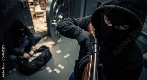 Thief wearing balaclava holding shotgun guarding partner looting bank vault. Criminals stealing money at weapon point from safe. Felony robbery concept, illegal activity, dangerous burglar.