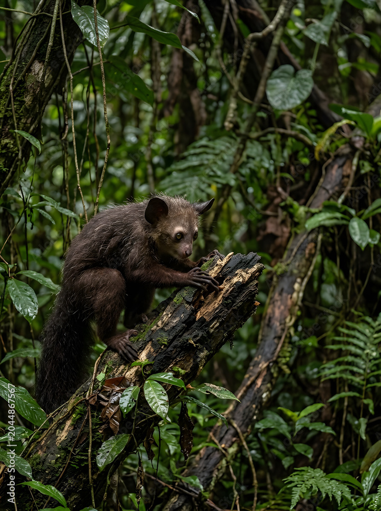 Fototapeta premium A rare Aye-Aye, an unusual nocturnal lemur, carefully climbs a moss covered log deep within its dense, vibrant rainforest habitat