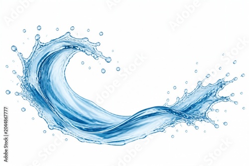 Water splash forming curved wave motion on white background