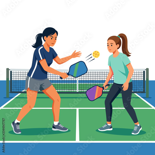 Two women playing pickleball on a court