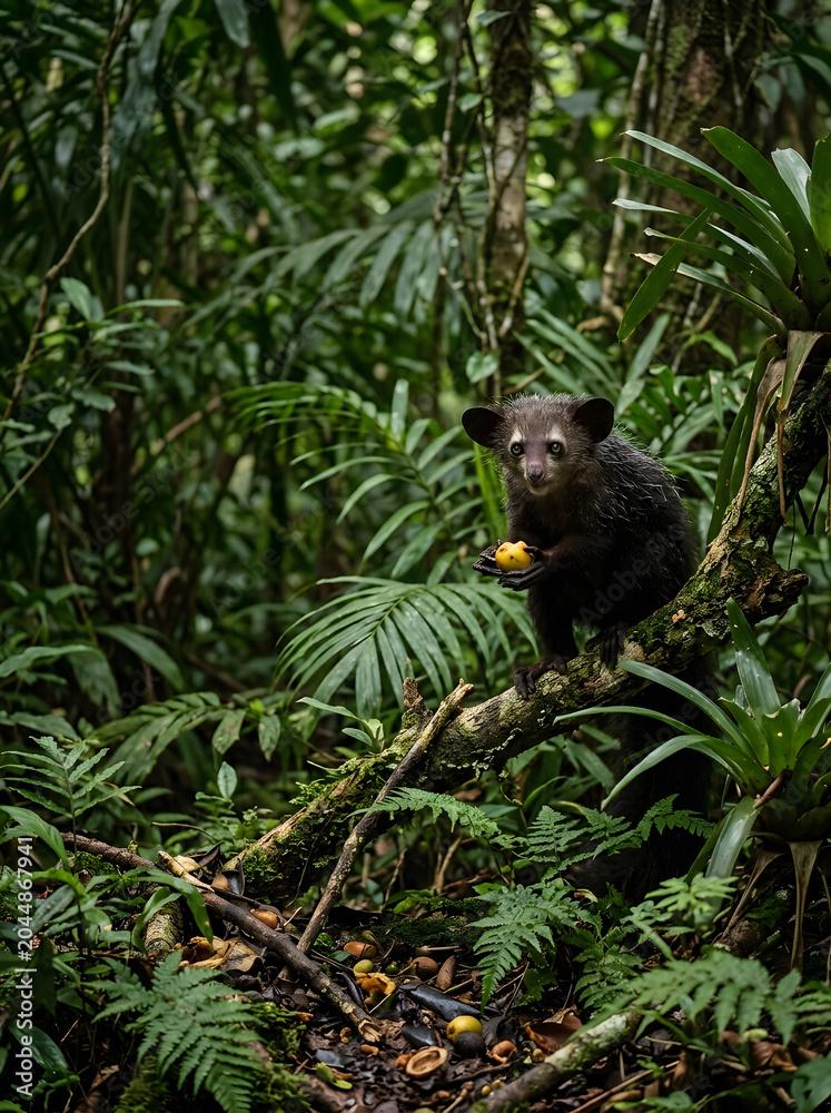 Fototapeta premium An Aye-Aye lemur sits on a tree branch holding a yellow fruit in its paws within a lush tropical rainforest environment