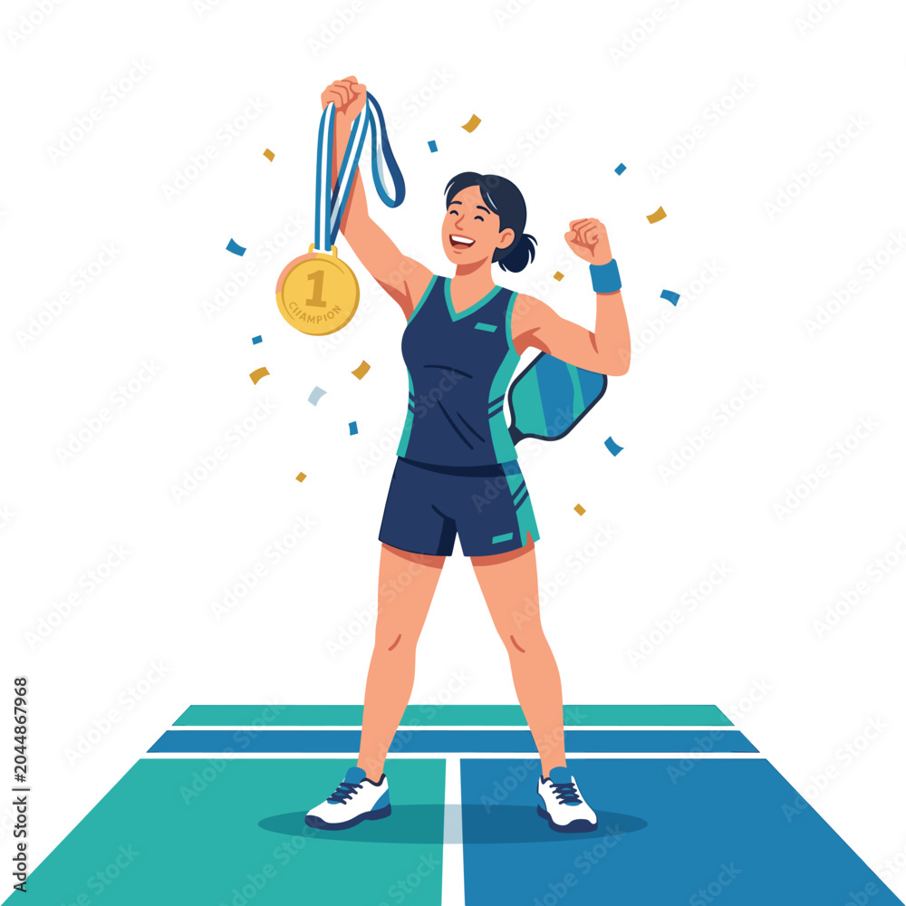 Fototapeta premium Female pickleball champion holding medal with confetti and paddle