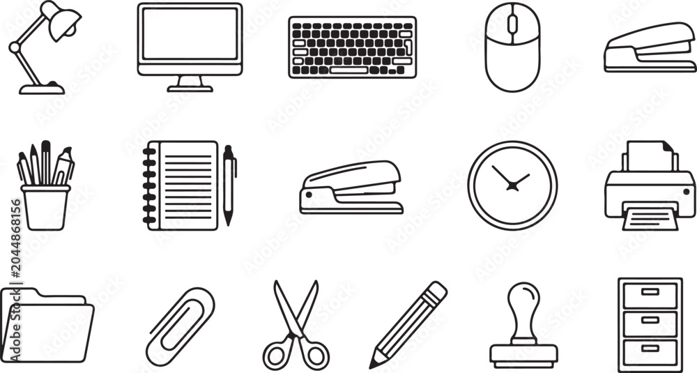 Fototapeta premium Office supplies icon set black line icons workspace tools