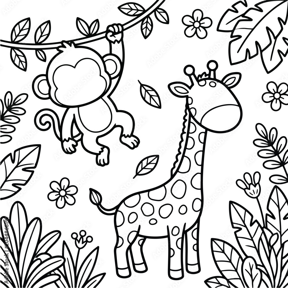 Fototapeta premium Cute Monkey and Giraffe in the Jungle Coloring Page for Kids