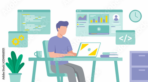 Photos Programmer working on laptop, coding and developing software applications