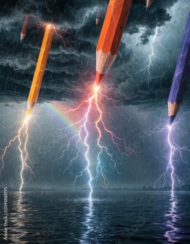 Surreal stormy landscape with giant colored pencils striking like lightning drawing colorful thunderbolts in a dramatic setting