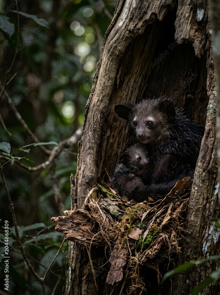 Fototapeta premium An Aye-Aye mother carefully shelters her adorable baby inside a natural tree hollow deep within the lush forest, showcasing a tender family moment