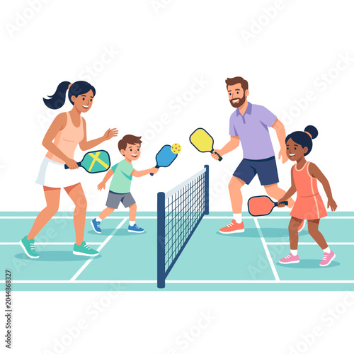 Family playing pickleball illustration