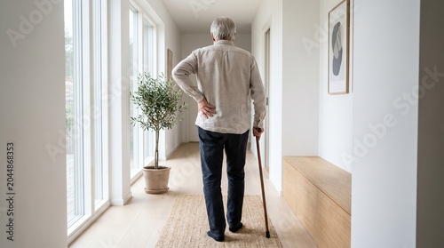 Senior man walking with a cane in a bright hallway experiencing back pain