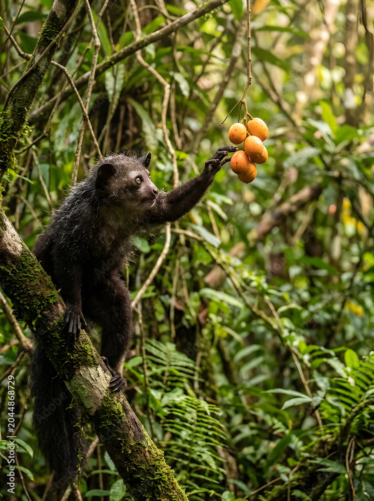 Fototapeta premium The rare Aye-Aye, a nocturnal primate, carefully extends its specialized finger to harvest fruit in the dense tropical rainforest of Madagascar