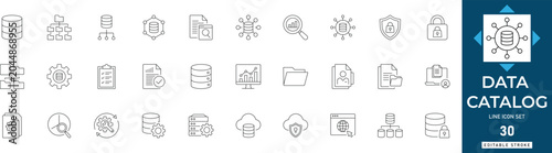 Bild auf Leinwand Data catalog line icon set featuring metadata, governance, discovery, database, asset, lineage, directory