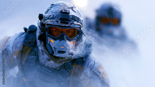 A cinematic action shot of a military squad pushing forward through a violent arctic blizzard, soldiers in full combat gear wearing futuristic Ballistics Tacticum tactical vests in