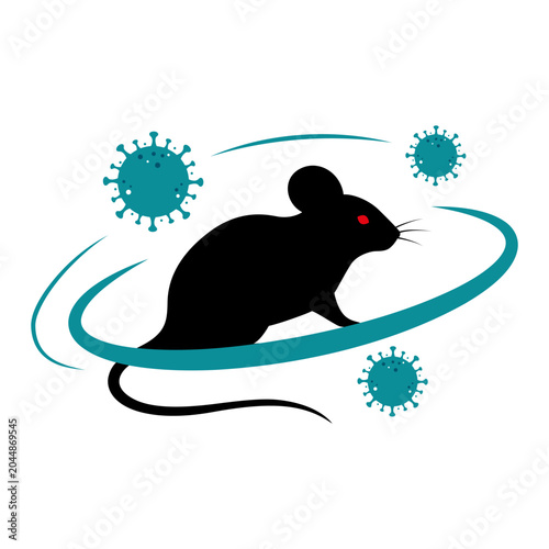 Flat silhouette illustration of mouse surrounded by virus particles for hantavirus transmission and outbreak concepts