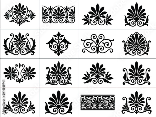 Elegant collection of black Greek anthemion and palmette ornaments