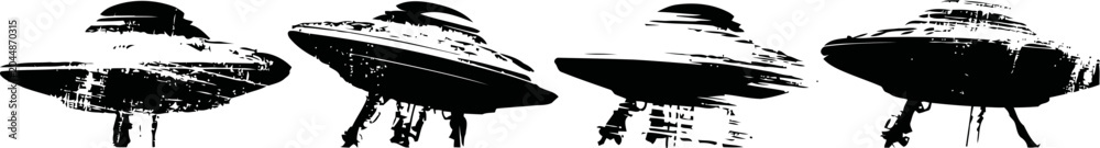 Obraz premium set of four vintage ufo illustrations flying saucers with domes and legs in black silhouette