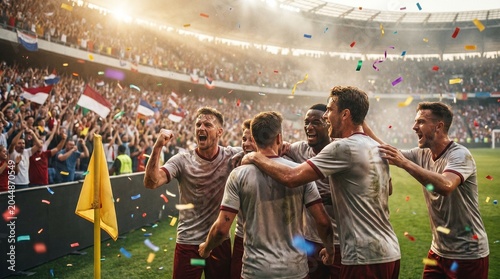 Ecstatic football team celebrates a triumphant goal with joyous fans under bright stadium lights, showered in celebratory confetti, marking a memorable victory