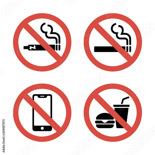 Four Prohibition Signs Showing Banned Activities Including Smoking Vaping Eating Drinking Using Phone