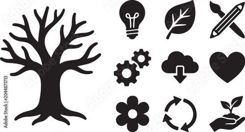 Eco Friendly Icons and Tree Silhouette Graphic Design