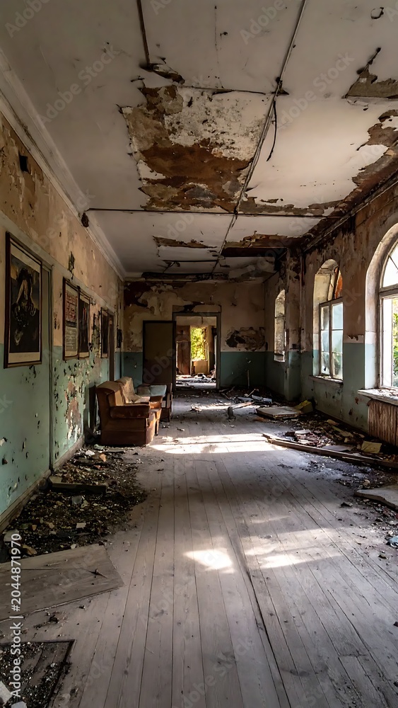 Fototapeta premium Abandoned Dilapidated Hallway with Peeling Ceiling and Debris in Derelict Building Interior