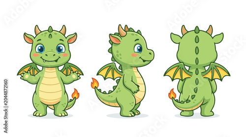 Adorable cartoon baby dragon character in multiple poses, showcasing its playful personality and detailed design, perfect for children's projects and fantasy themes