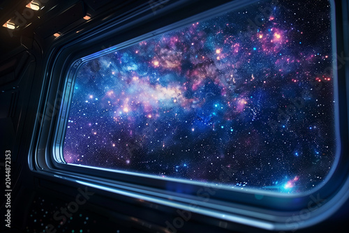 View of deep space nebula from spaceship window background