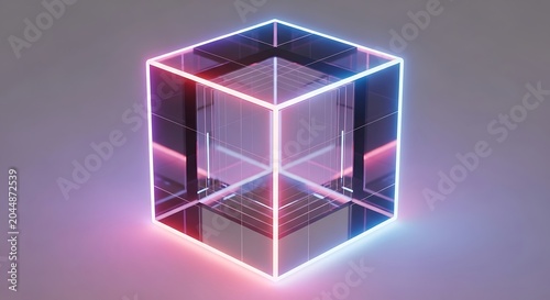 Glowing neon cube with pink blue lights.
