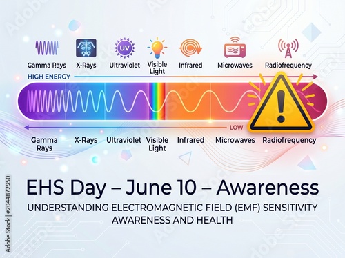 Horizontal Gradient Bar of Electromagnetic Spectrum with Caution Triangle Over Radiofrequency Section – Clean Educational Abstract – EHS Day June 10 – Awareness Text Below

