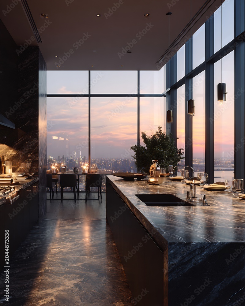 Fototapeta premium Luxury penthouse kitchen interior featuring dark marble countertops and floor-to-ceiling windows overlooking a city skyline during a warm golden sunset hour