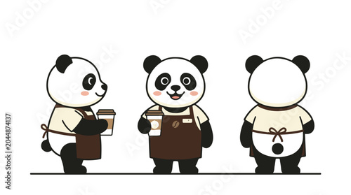 Adorable Cartoon Panda Barista Character Standing and Holding Coffee Cups, Isolated Vector Illustration for Café, Bakery, or Beverage Business Mascot Design
