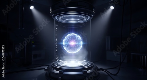 Glowing orb in a dark laboratory.