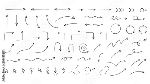 Hand drawn arrows, lines, swirls and motion direction set
