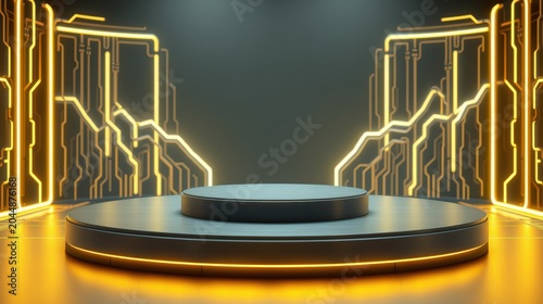 Futuristic stage design. Circular platform illuminated by neon lights. Dark background emphasizes glowing geometric patterns. Modern presentation space.