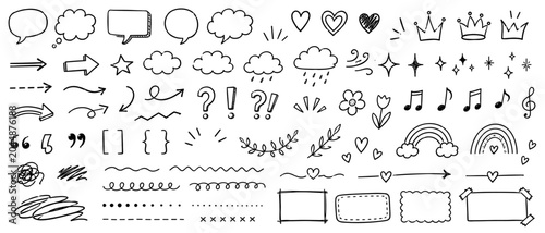 Comic speech bubbles, hearts, crowns, arrows and symbol doodle collection