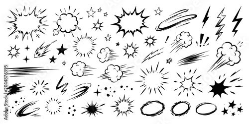 Hand Drawn Comic Pop Art Explosions, Swirls, Lightning, Clouds and Energy Burst Icons Set
