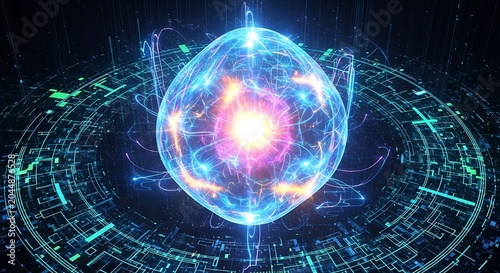 Glowing orb with blue circuit background.