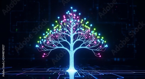 Glowing tree with colorful neon lights.