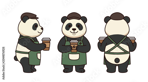 Cute Barista Panda Character Design Holding Coffee Cups - Vector Illustration of an Adorable Cartoon Animal Working in a Coffee Shop, Ready to Serve Beverages