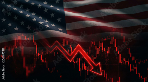 USA Stock Market Crash with Falling Red Arrow and Economic Recession Concept. American Stock Market Crash and Economic Recession. American flag with falling red arrow.