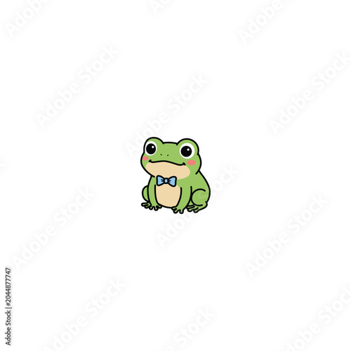 Cute Kawaii Frog Cartoon Character with Blue Bow Tie Isolated on White Background