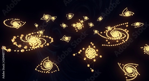 Golden glowing planets and stars.