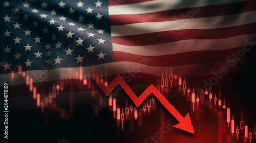 USA Stock Market Crash with Falling Red Arrow and Economic Recession Concept. American Stock Market Crash and Economic Recession. American flag with falling red arrow.