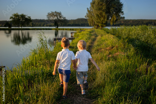 Two children, brothers, walking hand in hand, strolling through green grass near lake at sunset. concept of summer vacation, togetherness, friendship. childhood. Forward to brighter future. Rear view