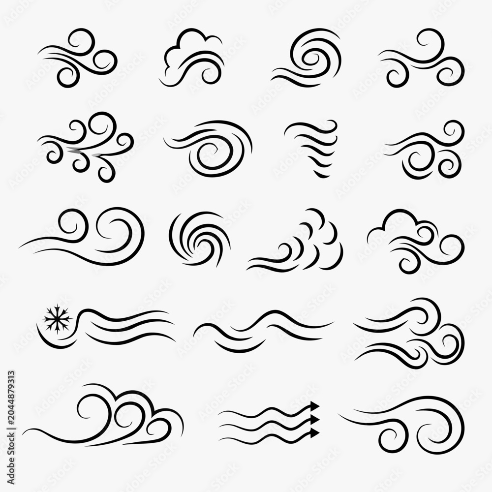 Fototapeta premium Set of Hand-Drawn Wind Gust Symbols and Air Flow Vectors