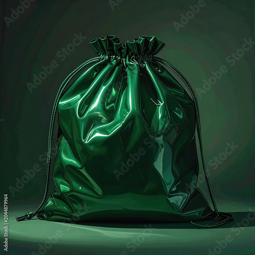 Shiny, gathered emerald drawstring bag against a dark, moody green backdrop