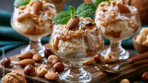 Dessert Trifles With Nuts and Mint Leaves
