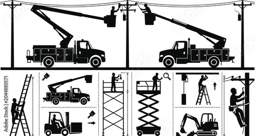 Obraz na płótnie WebUtility Line Maintenance and Aerial Lift Truck Silhouette Icons Set for Elect