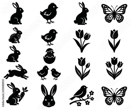 Beautiful black silhouette collection of spring and Easter icons, featuring bunnies, chicks, butterflies, tulips, and a bird, perfect for festive seasonal graphic designs