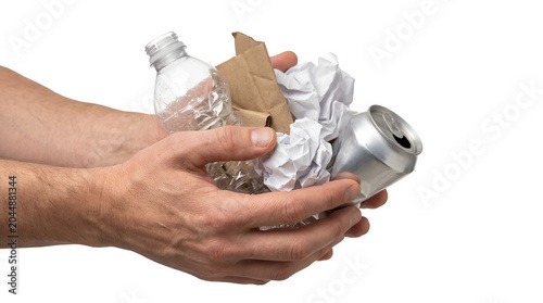 Hands Holding Crushed Plastic Bottle, Aluminum Can, and Paper for Recycling On Transparent Background Waste Ideas Concept 