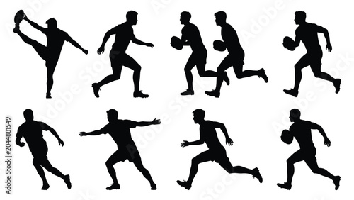Canvas Print Rugby player silhouettes demonstrate various dynamic poses and movements required for competitive field sports in this collection