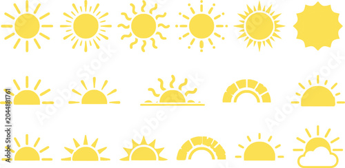 Sun icons set, yellow weather symbols, rising suns, light rays, modern graphic design projects.